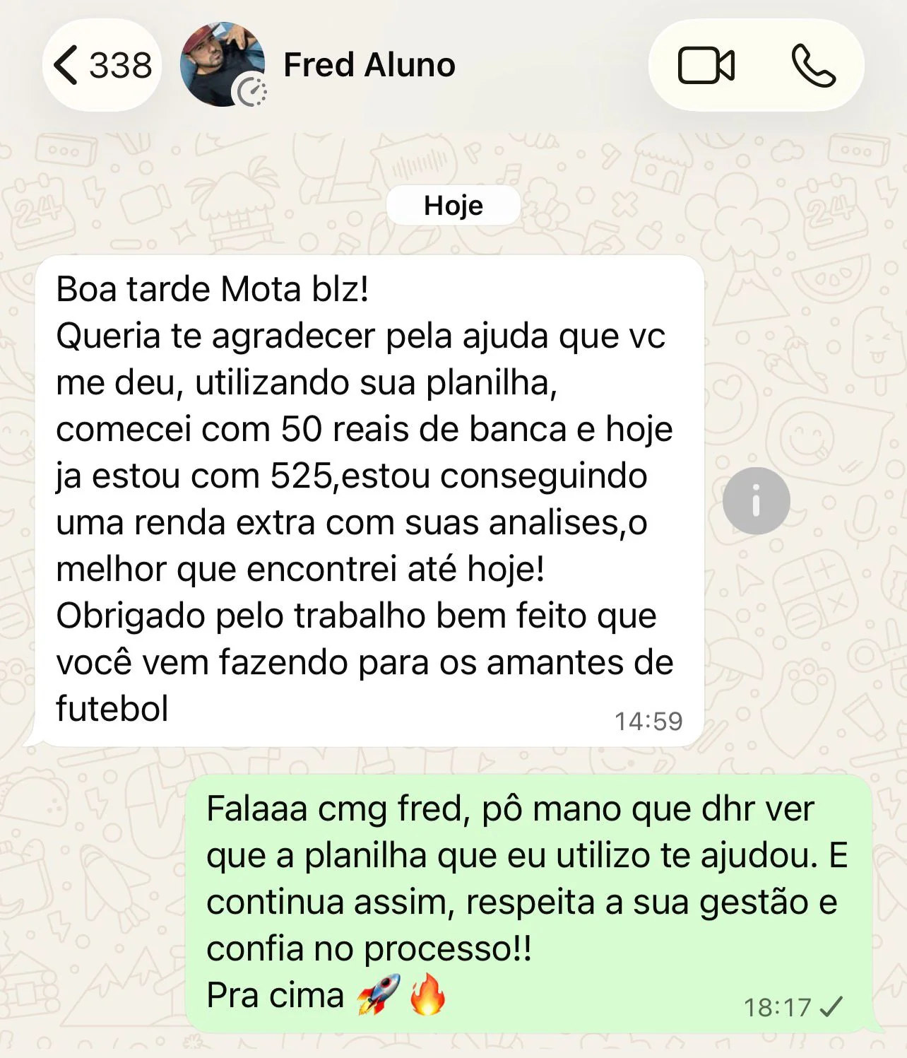 Conversa real de aluno agradecendo o método Mota Tipster
